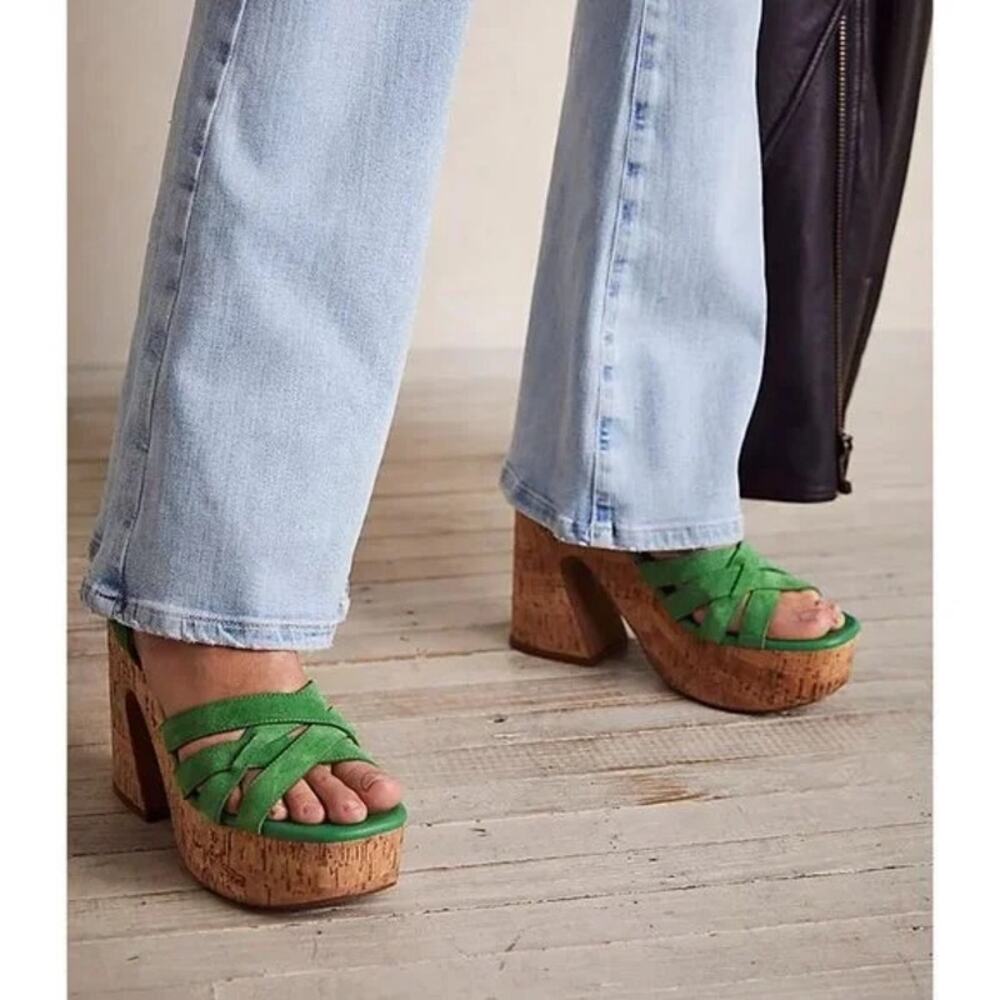 Free People Lisbon MJ Platform Sandals In Goddess Green Suede Size 39.5